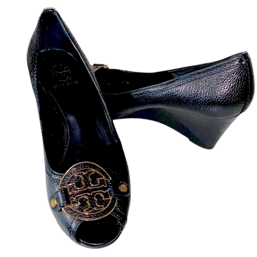 Tory Burch Sally Black Leather Logo Peep Toe Wedge Pumps Size 9.5